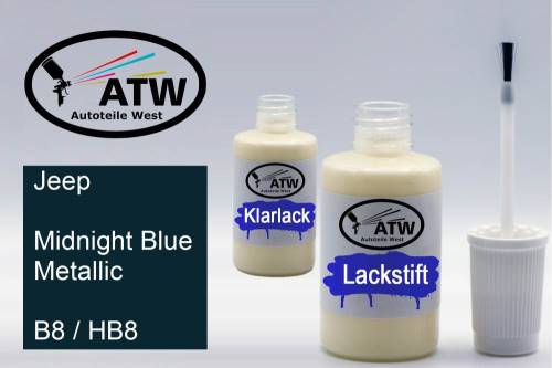 Jeep, Midnight Blue Metallic, B8 / HB8: 20ml Lackstift + 20ml Klarlack - Set, von ATW Autoteile West.